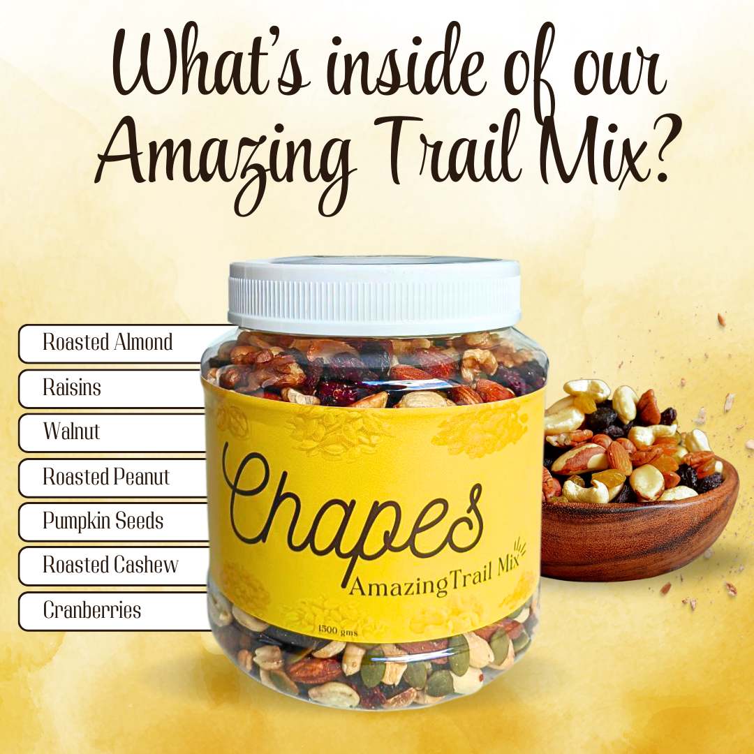 CHAPES AMAZING TRAIL MIX 100% HEALTHY ALMONDS WALNUTS CASHEW RAISINS CRANBERRIES PUMPKIN SEEDS PEANUT