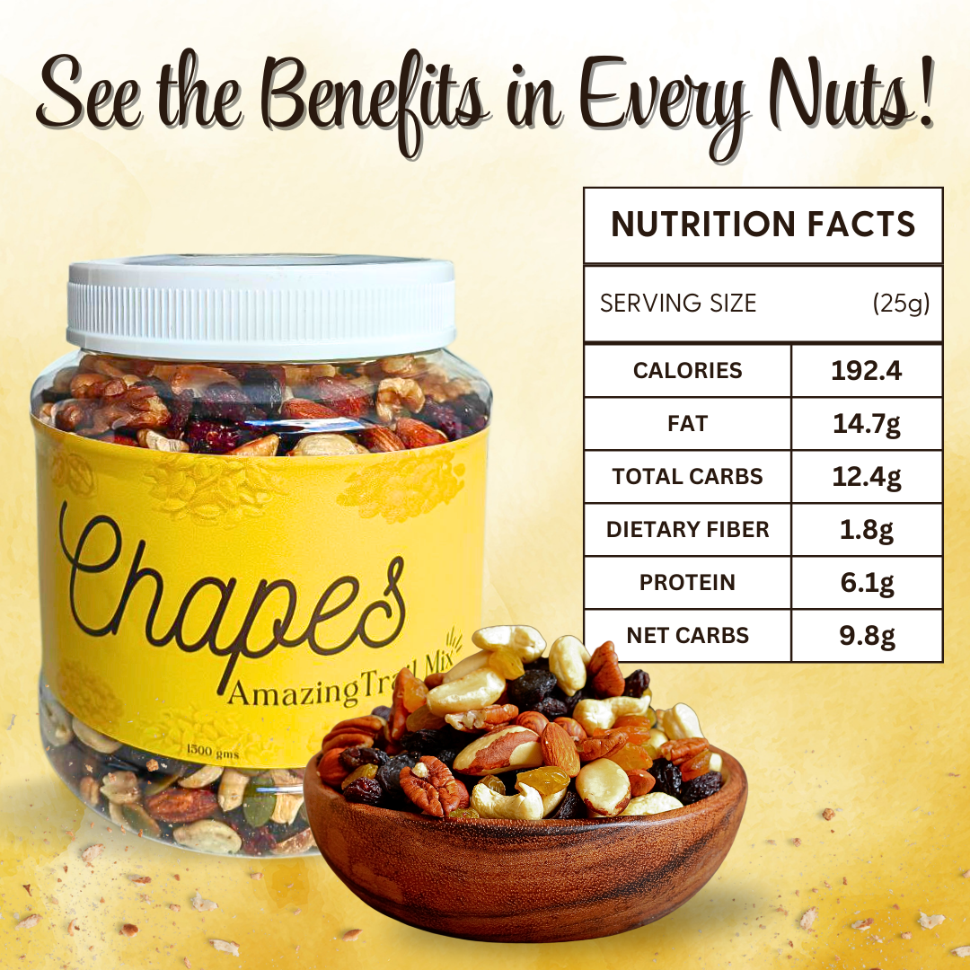 CHAPES AMAZING TRAIL MIX 100% HEALTHY ALMONDS WALNUTS CASHEW RAISINS CRANBERRIES PUMPKIN SEEDS PEANUT