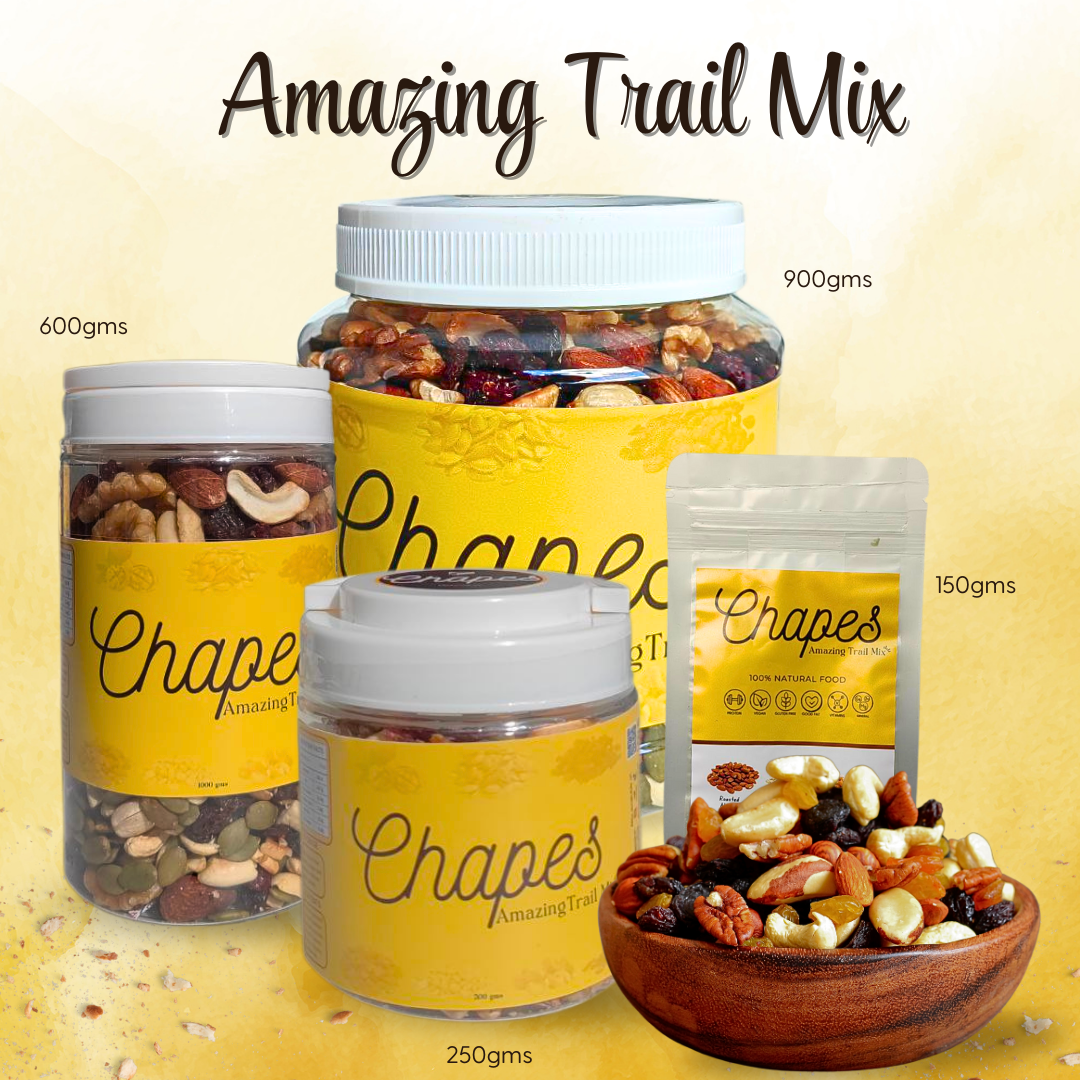 CHAPES AMAZING TRAIL MIX 100% HEALTHY ALMONDS WALNUTS CASHEW RAISINS CRANBERRIES PUMPKIN SEEDS PEANUT